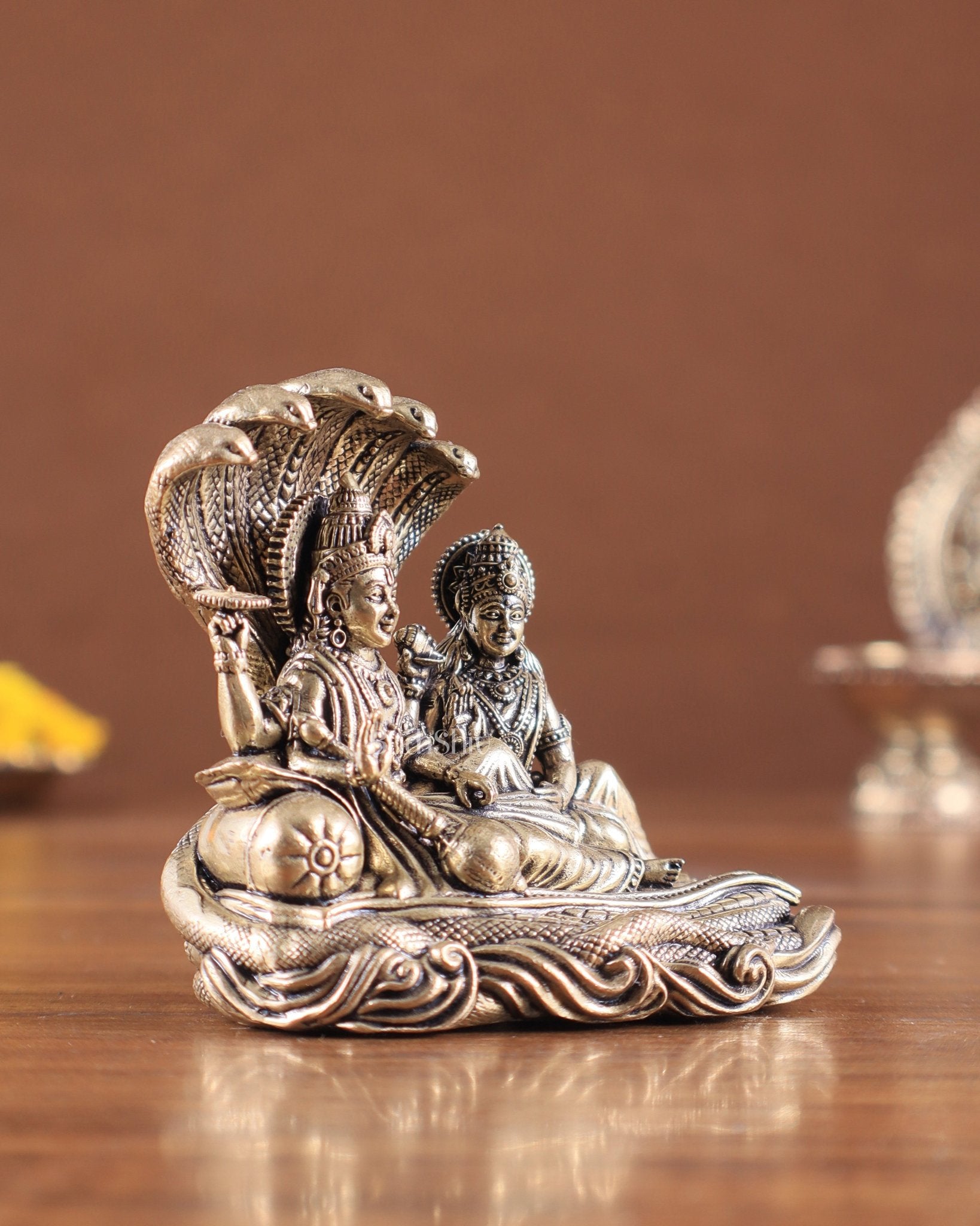 Brass Superfine Vishnu Lakshmi Resting on Sheshanaag Idol – Exquisite Intricate Detailing - Budhshiv.com
