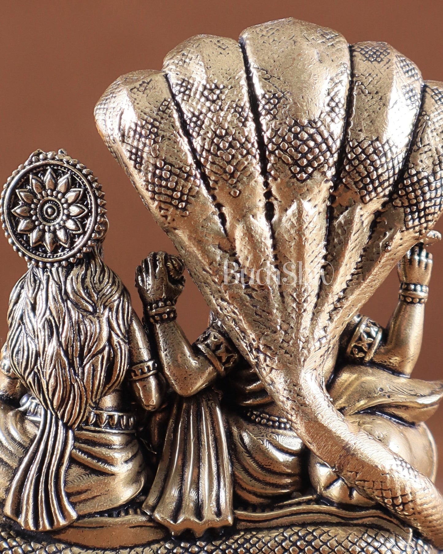 Brass Superfine Vishnu Lakshmi Resting on Sheshanaag Idol – Exquisite Intricate Detailing - Budhshiv.com