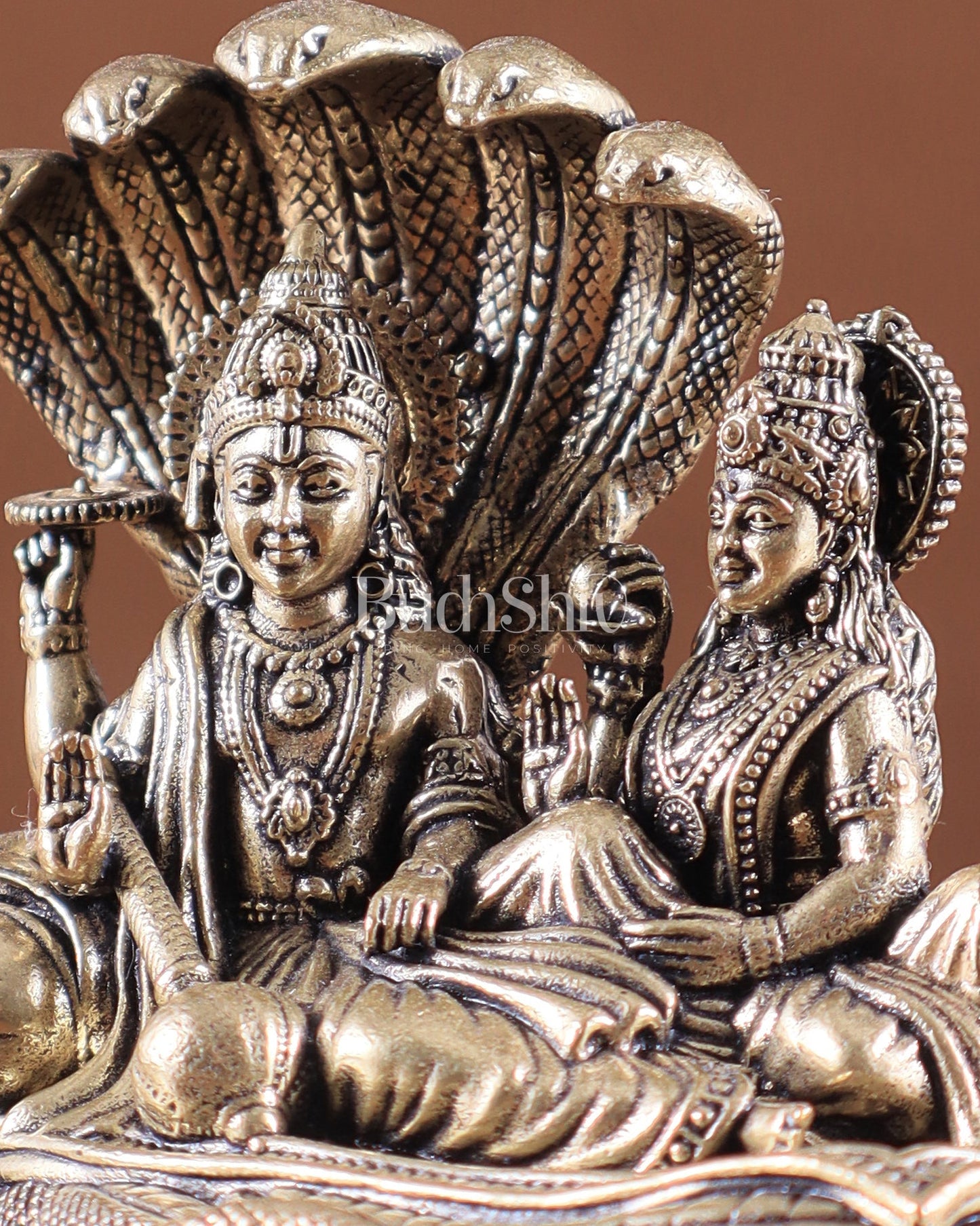 Brass Superfine Vishnu Lakshmi Resting on Sheshanaag Idol – Exquisite Intricate Detailing - Budhshiv.com