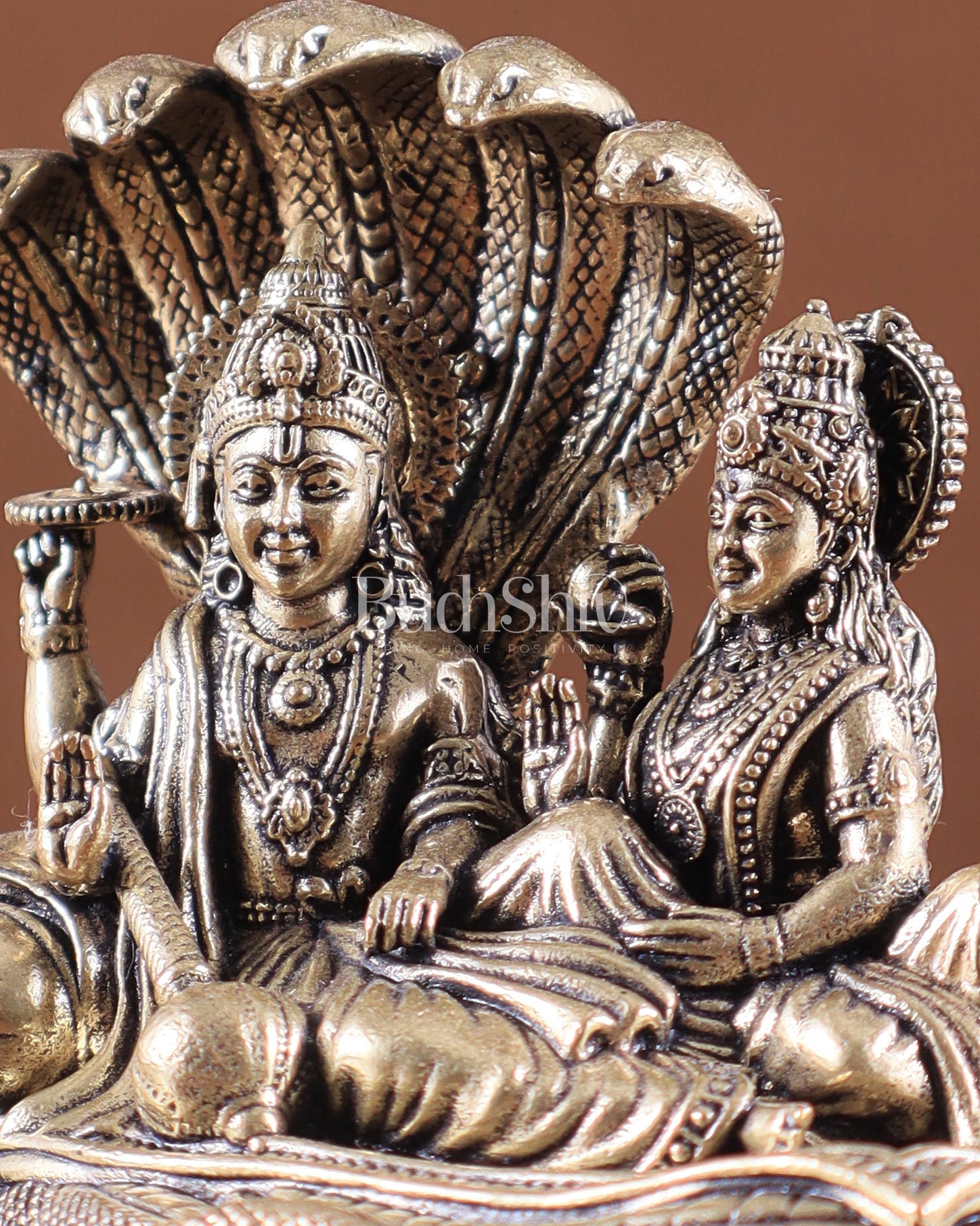 Brass Superfine Vishnu Lakshmi Resting on Sheshanaag Idol – Exquisite Intricate Detailing - Budhshiv.com
