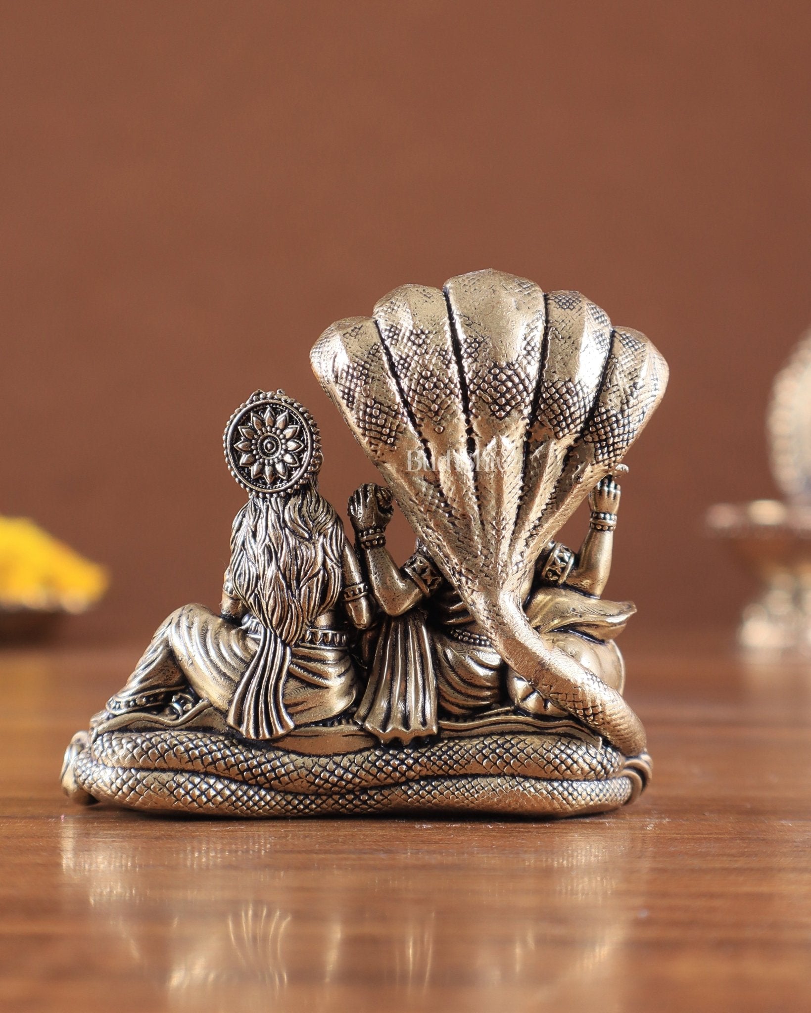Brass Superfine Vishnu Lakshmi Resting on Sheshanaag Idol – Exquisite Intricate Detailing - Budhshiv.com