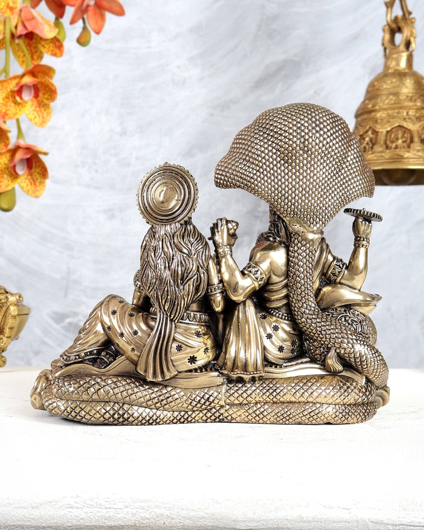 Brass Superfine Vishnu Lakshmi Resting on Sheshnaag Idol – Divine Reclining Vishnu Sculpture 8" - Budhshiv.com