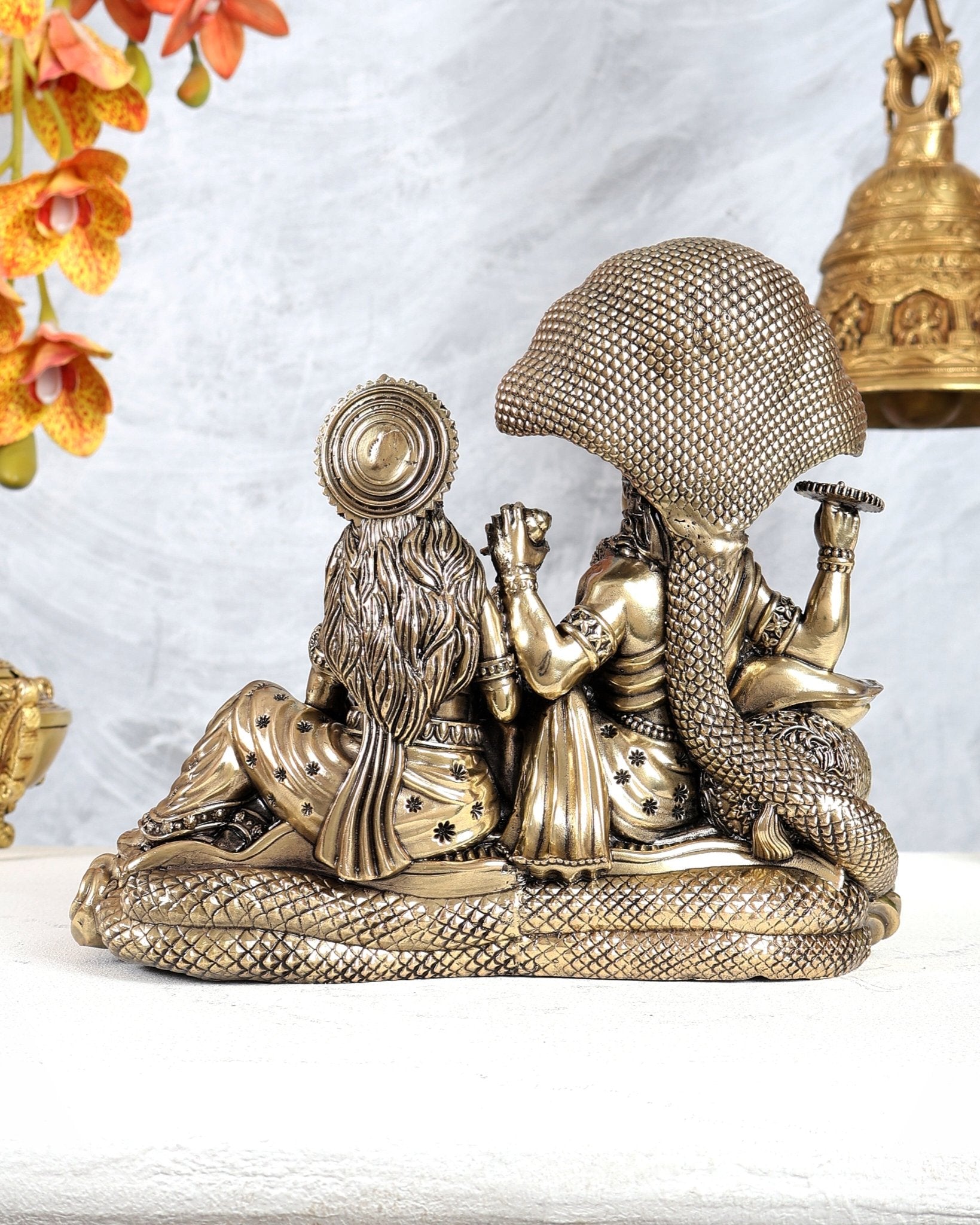 Brass Superfine Vishnu Lakshmi Resting on Sheshnaag Idol – Divine Reclining Vishnu Sculpture 8" - Budhshiv.com