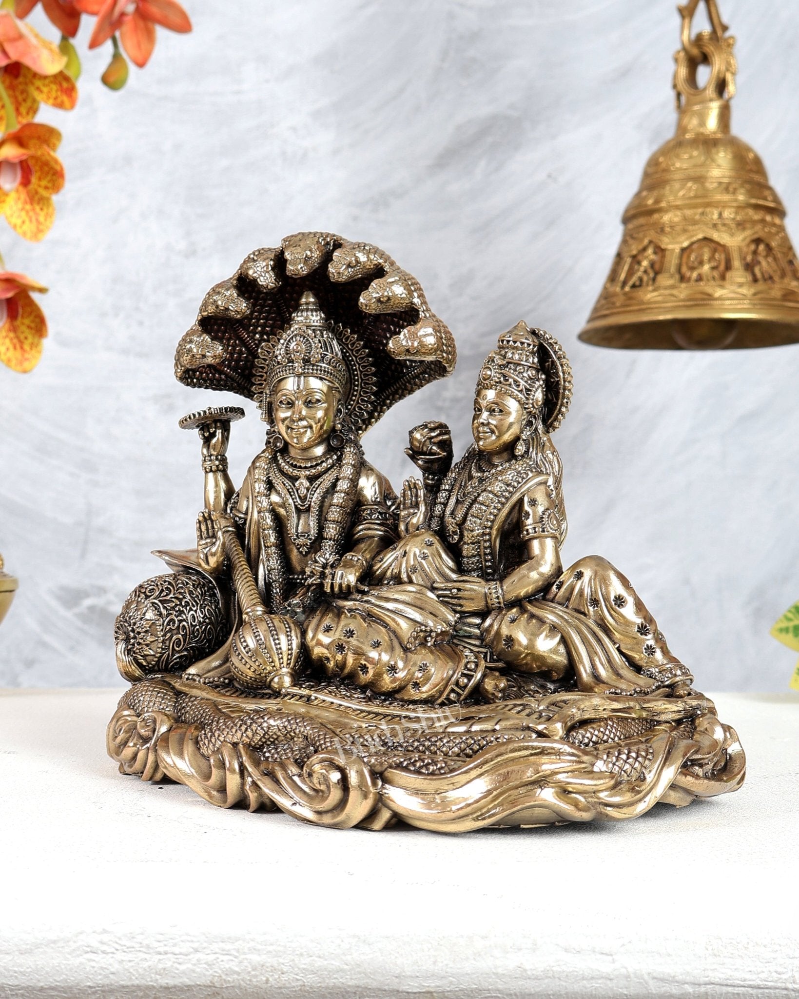 Brass Superfine Vishnu Lakshmi Resting on Sheshnaag Idol – Divine Reclining Vishnu Sculpture 8" - Budhshiv.com