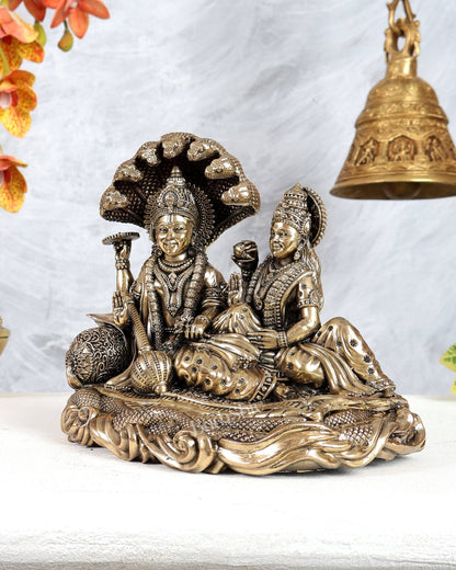 Brass Superfine Vishnu Lakshmi Resting on Sheshnaag Idol – Divine Reclining Vishnu Sculpture 8" - Budhshiv.com