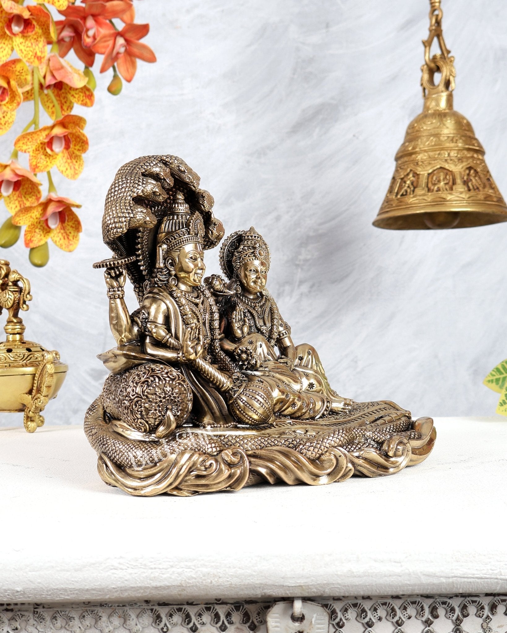 Brass Superfine Vishnu Lakshmi Resting on Sheshnaag Idol – Divine Reclining Vishnu Sculpture 8" - Budhshiv.com