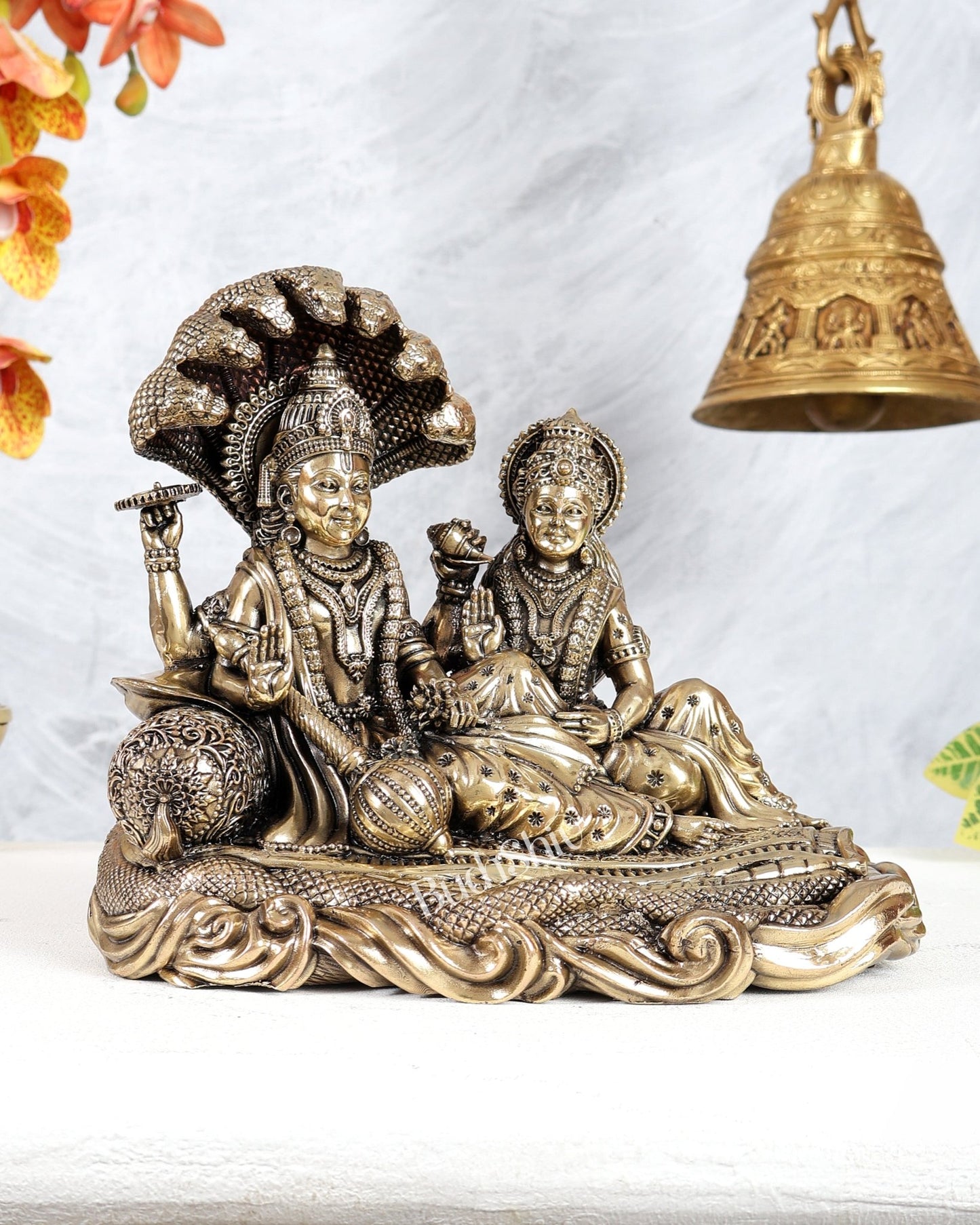 Brass Superfine Vishnu Lakshmi Resting on Sheshnaag Idol – Divine Reclining Vishnu Sculpture 8" - Budhshiv.com