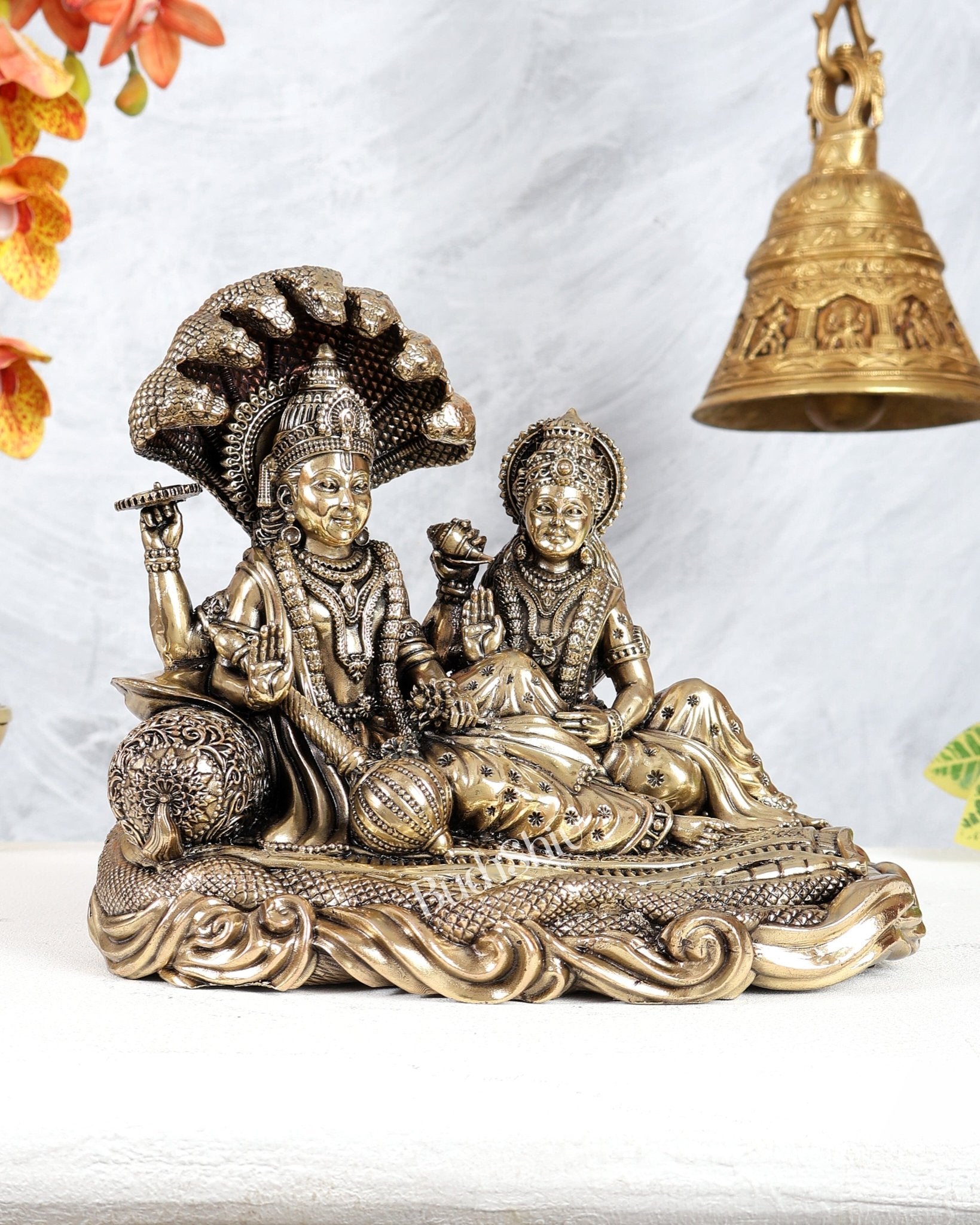 Brass Superfine Vishnu Lakshmi Resting on Sheshnaag Idol – Divine Reclining Vishnu Sculpture 8" - Budhshiv.com