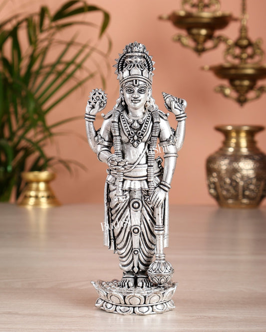 Brass Superfine Vishnu Narayana Idol - 5" silver plated - Budhshiv.com