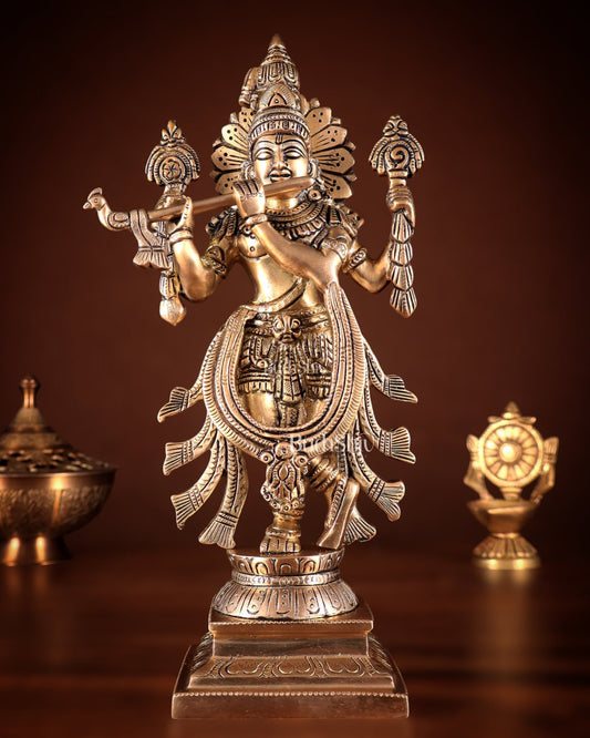 Brass Superfine Vishnu Roopam Krishna Statue with Four Arms – 11" - Budhshiv.com