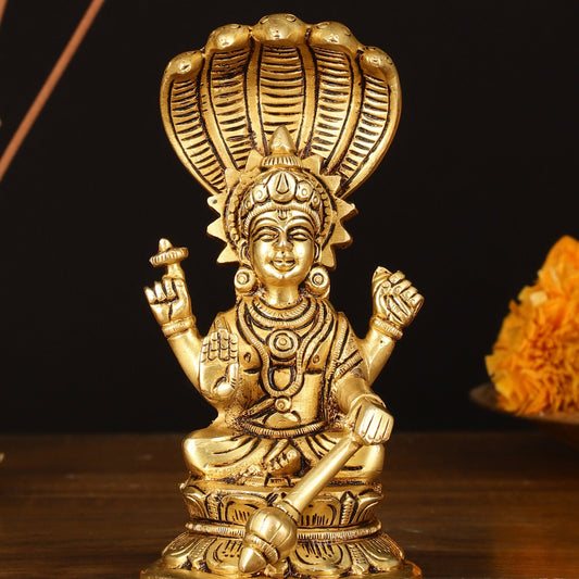 Brass Superfine Vishnu Sitting with Sheshanaaga - 6" Divine Sculpture - Budhshiv.com