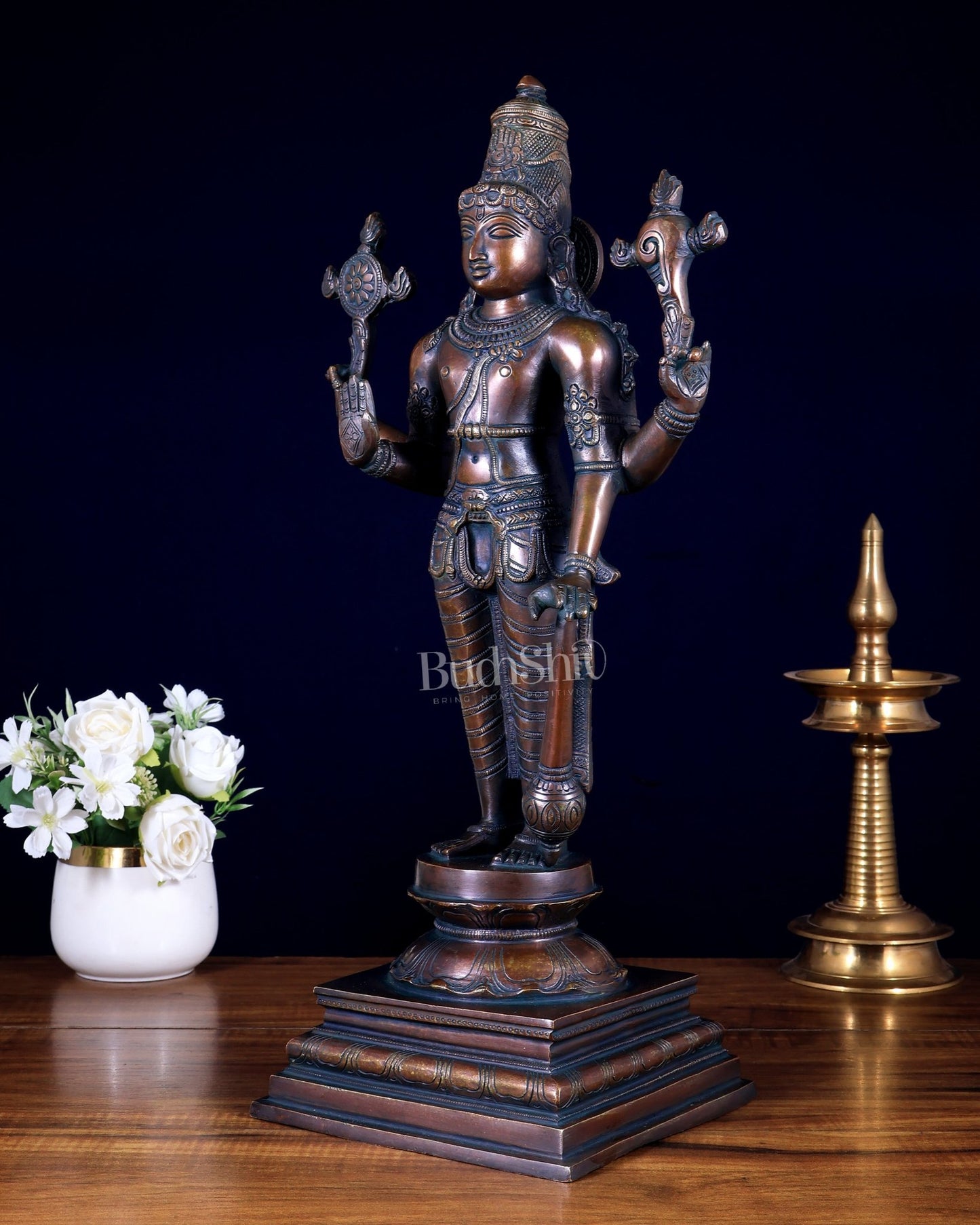 Brass Superfine Vishnu Standing Statue - 20.5" Bronze tone - Budhshiv.com