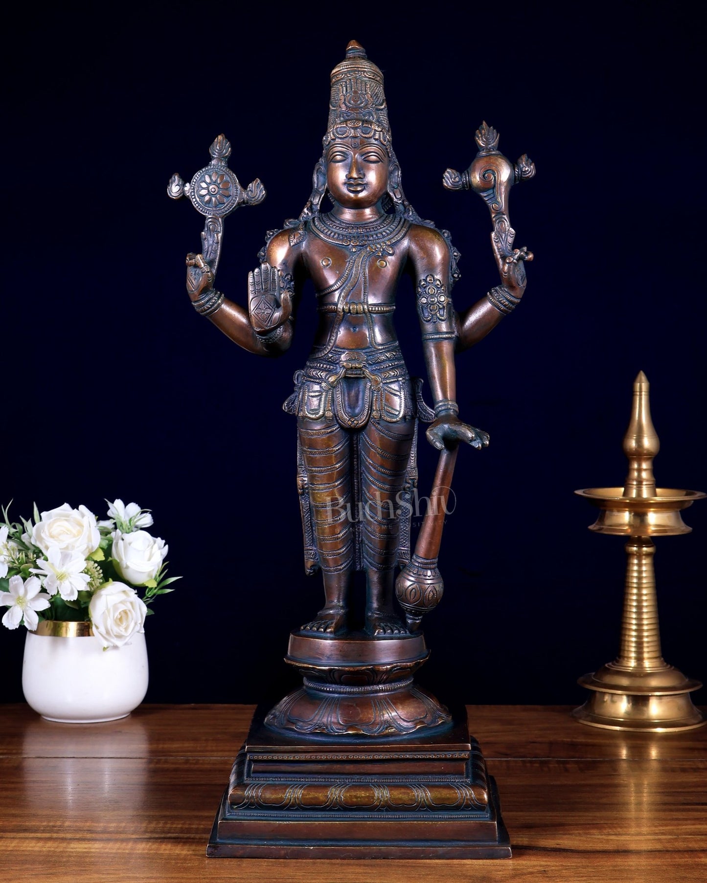 Brass Superfine Vishnu Standing Statue - 20.5" Bronze tone - Budhshiv.com