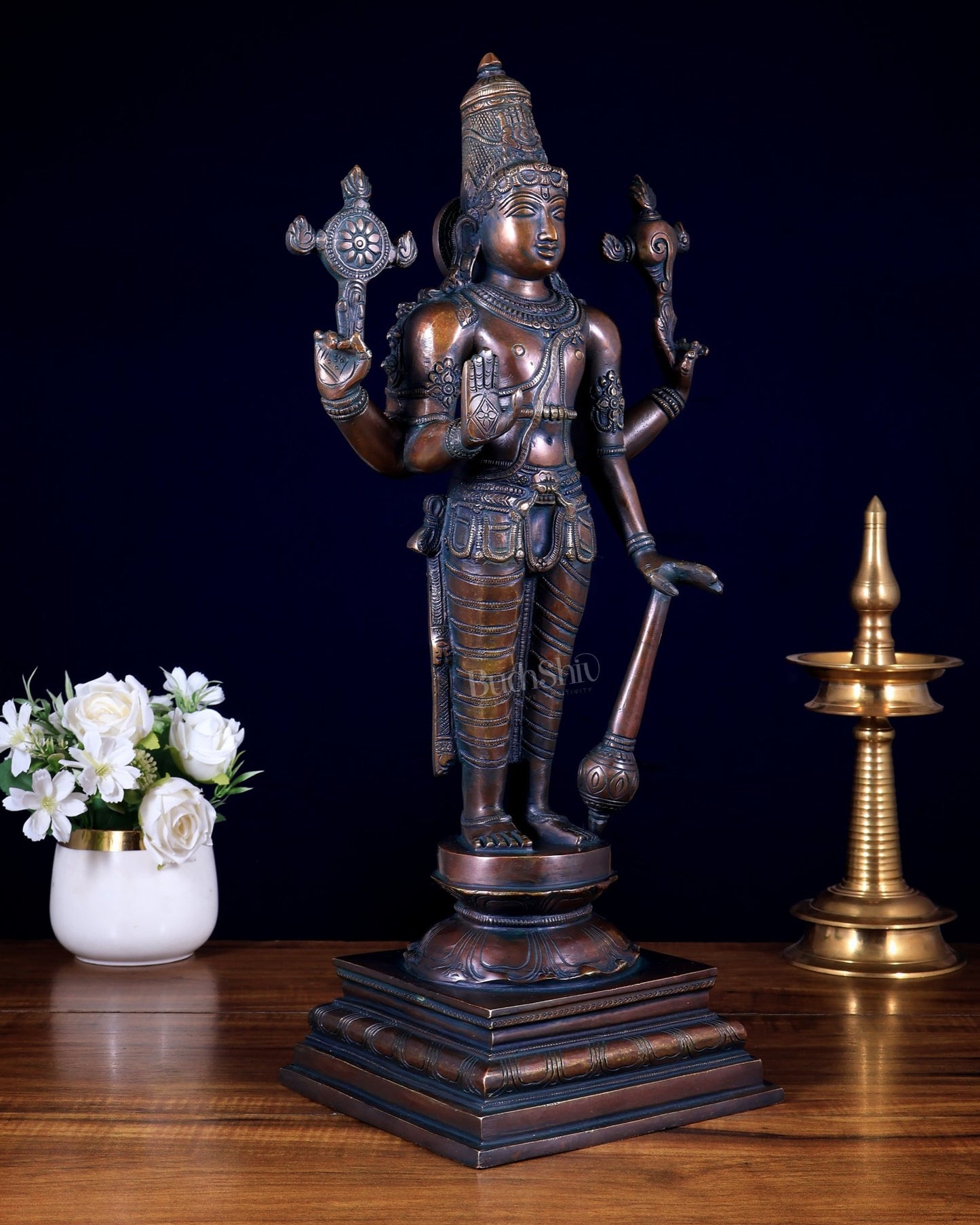 Brass Superfine Vishnu Standing Statue - 20.5" Bronze tone - Budhshiv.com