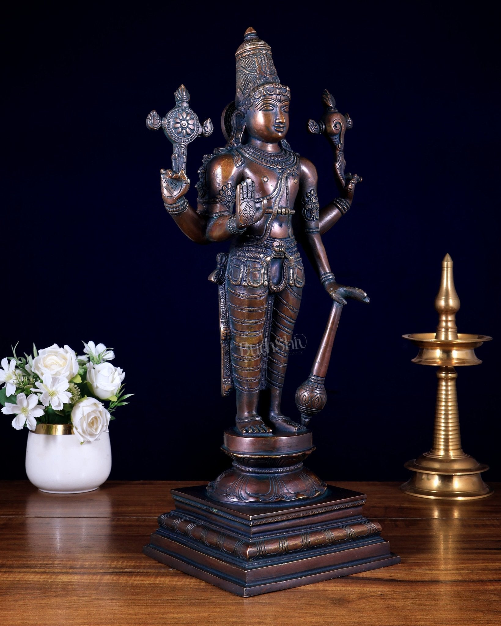 Brass Superfine Vishnu Standing Statue - 20.5" Bronze tone - Budhshiv.com