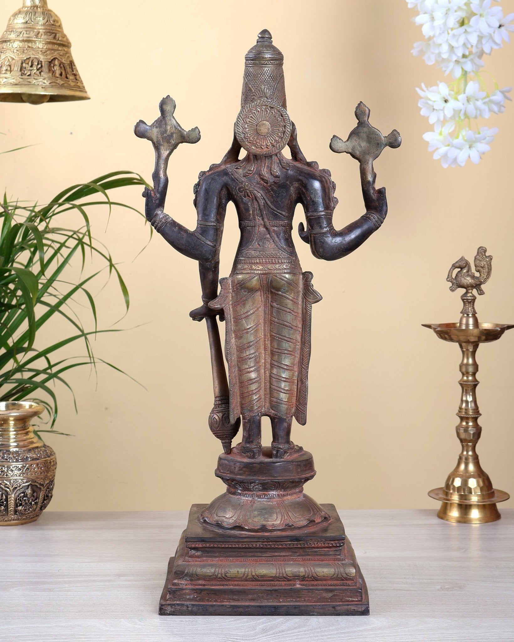 Brass Superfine Vishnu Standing Statue - 20.5" red sand finish - Budhshiv.com