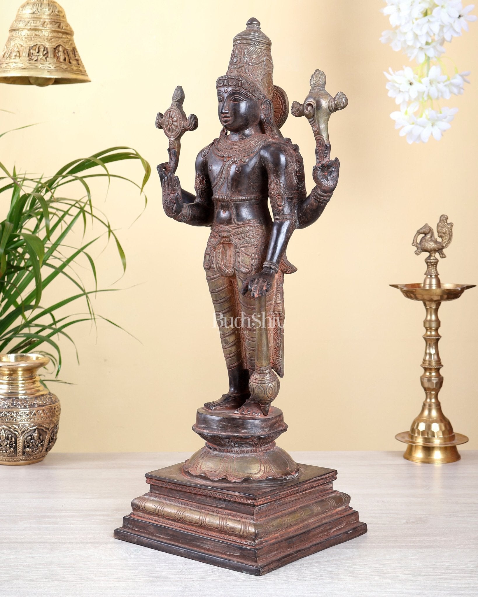 Brass Superfine Vishnu Standing Statue - 20.5" red sand finish - Budhshiv.com