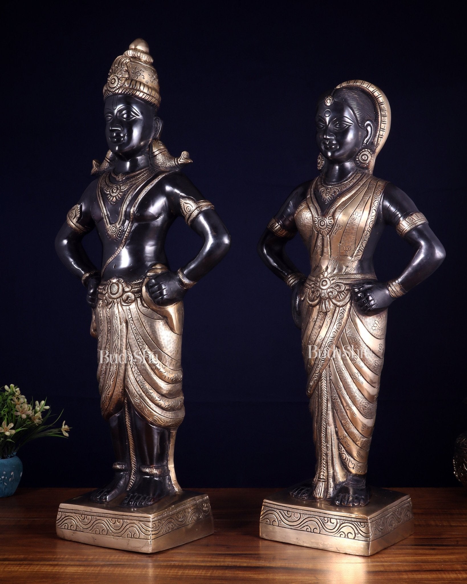 Brass Superfine Vitthal Rukmani Idol Pair 25" Grand Temple - Style Sculptures black and gold - Budhshiv.com