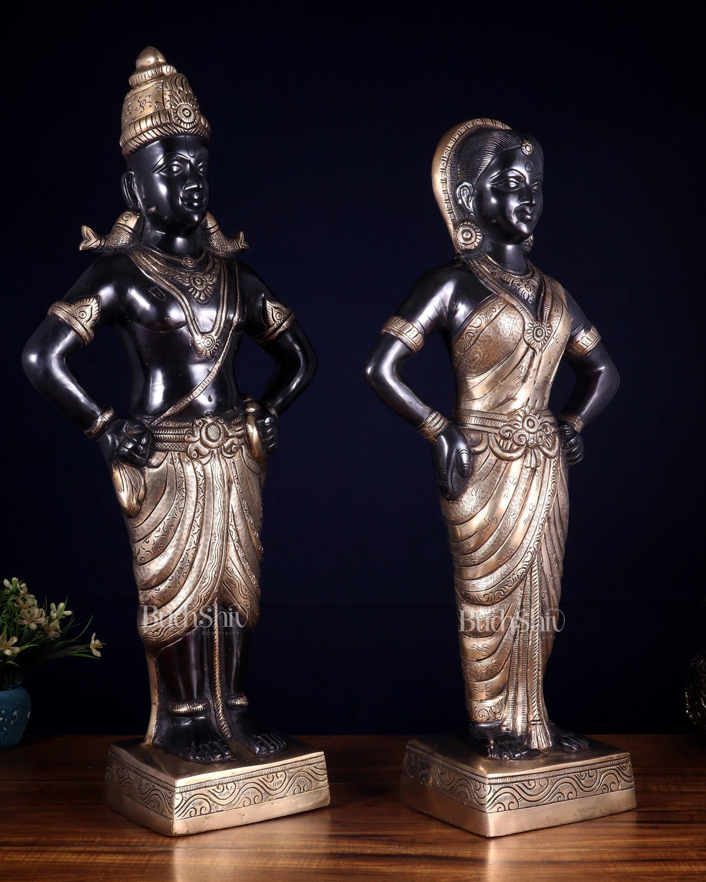 Brass Superfine Vitthal Rukmani Idol Pair 25" Grand Temple - Style Sculptures black and gold - Budhshiv.com