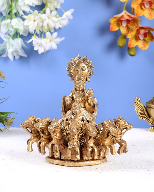 Brass Surya Dev Rath with Seven Horses – Divine Sun God Chariot Statue 7" - Budhshiv.com