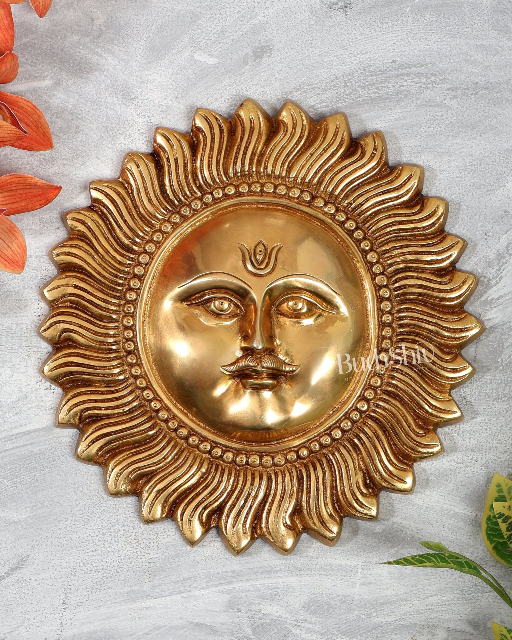 Brass Surya Dev Sun Wall Hanging with Moustache – Decorative vasth Sun God (9 Inches) - Budhshiv.com