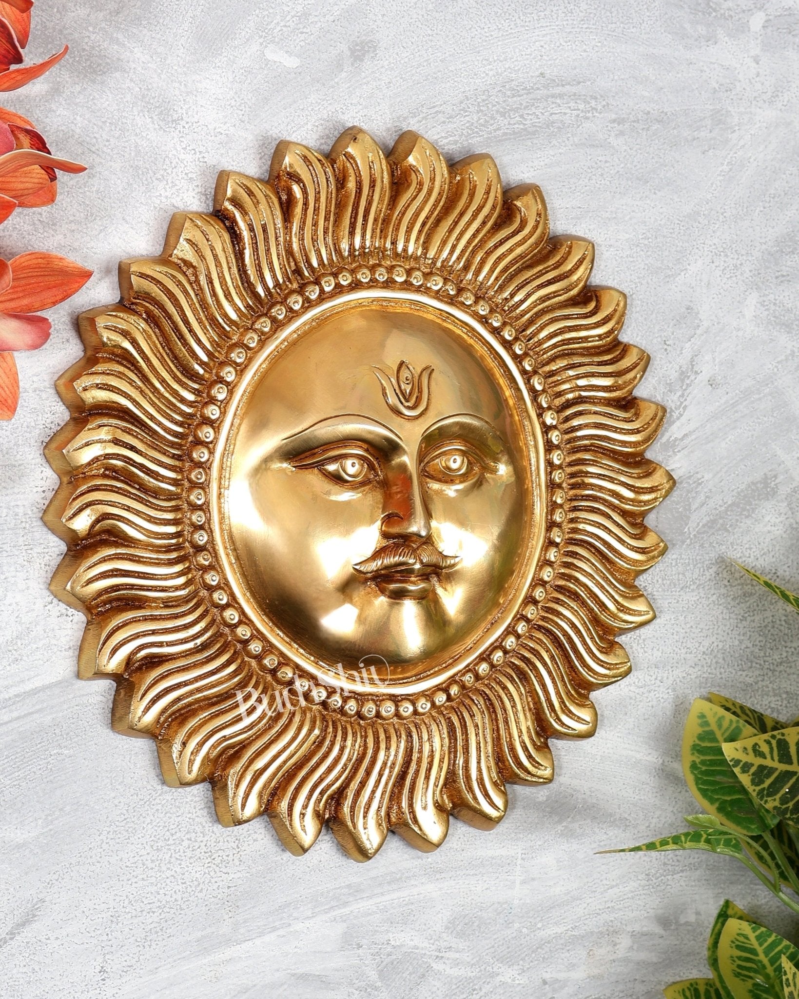 Brass Surya Dev Sun Wall Hanging with Moustache – Decorative vasth Sun God (9 Inches) - Budhshiv.com
