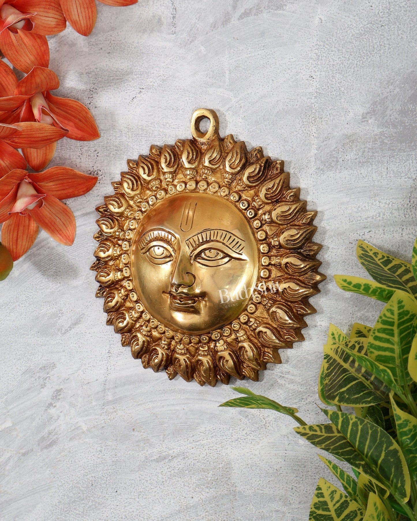 Brass Surya Dev Wall Hanging – Compact Sun God Decorative Plaque (6 Inches) - Budhshiv.com