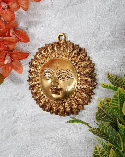 Brass Surya Dev Wall Hanging – Compact Sun God Decorative Plaque (6 Inches) - Budhshiv.com
