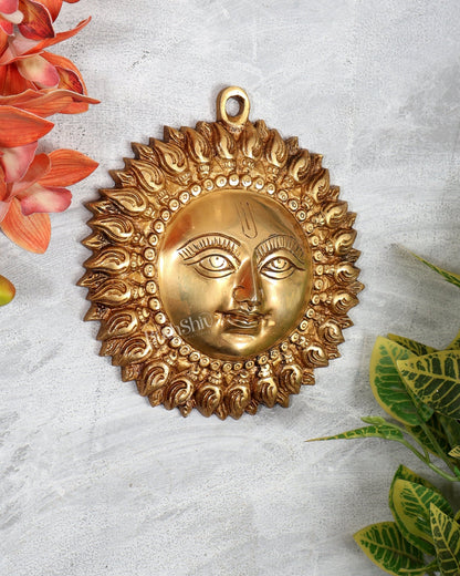 Brass Surya Dev Wall Hanging – Compact Sun God Decorative Plaque (6 Inches) - Budhshiv.com