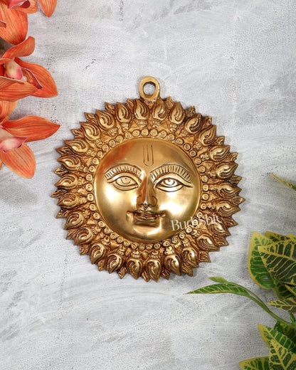 Brass Surya Dev Wall Hanging – Compact Sun God Decorative Plaque (6 Inches) - Budhshiv.com