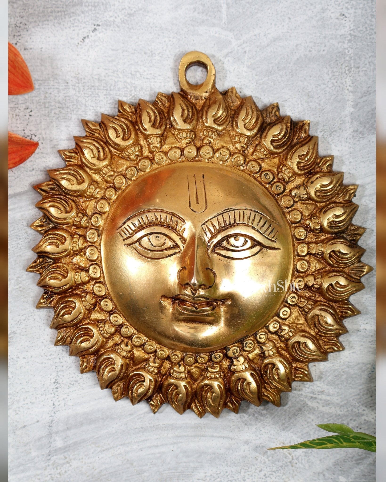 Brass Surya Dev Wall Hanging – Compact Sun God Decorative Plaque (6 Inches) - Budhshiv.com