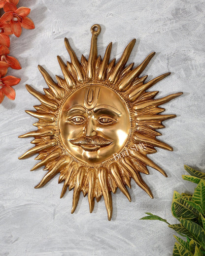 Brass Surya Dev Wall Hanging – Majestic Sun God Face with Moustache (15 Inches) - Budhshiv.com