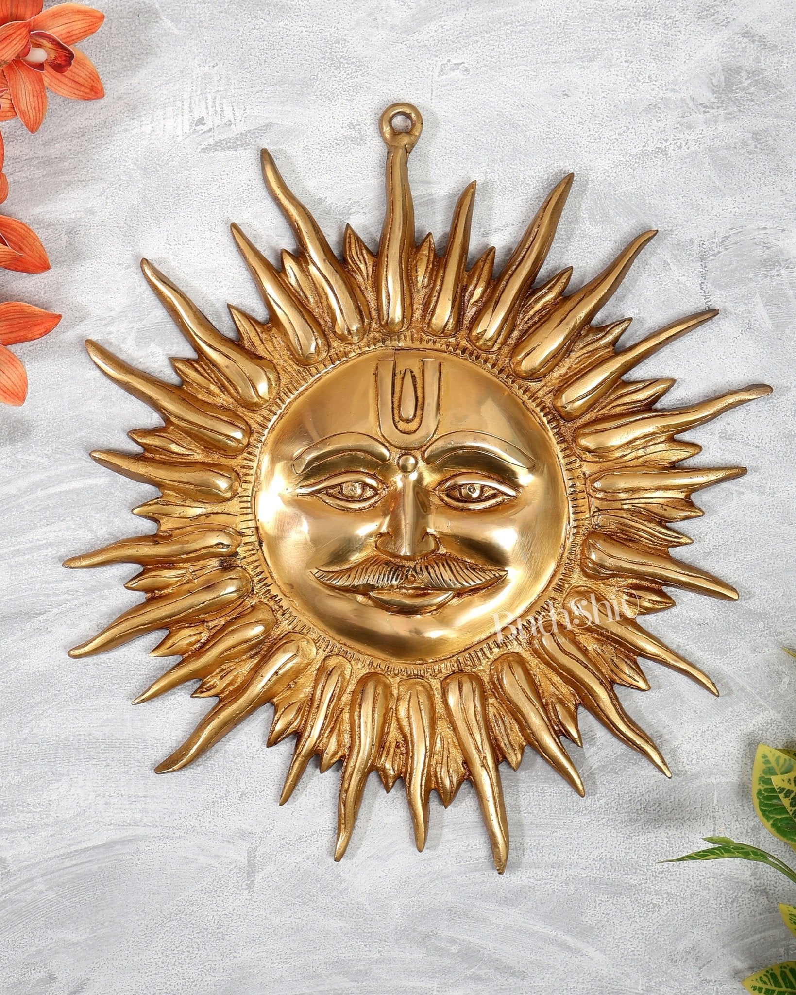 Brass Surya Dev Wall Hanging – Majestic Sun God Face with Moustache (15 Inches) - Budhshiv.com
