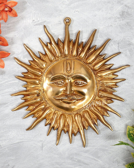 Brass Surya Dev Wall Hanging – Majestic Sun God Face with Moustache (15 Inches) - Budhshiv.com