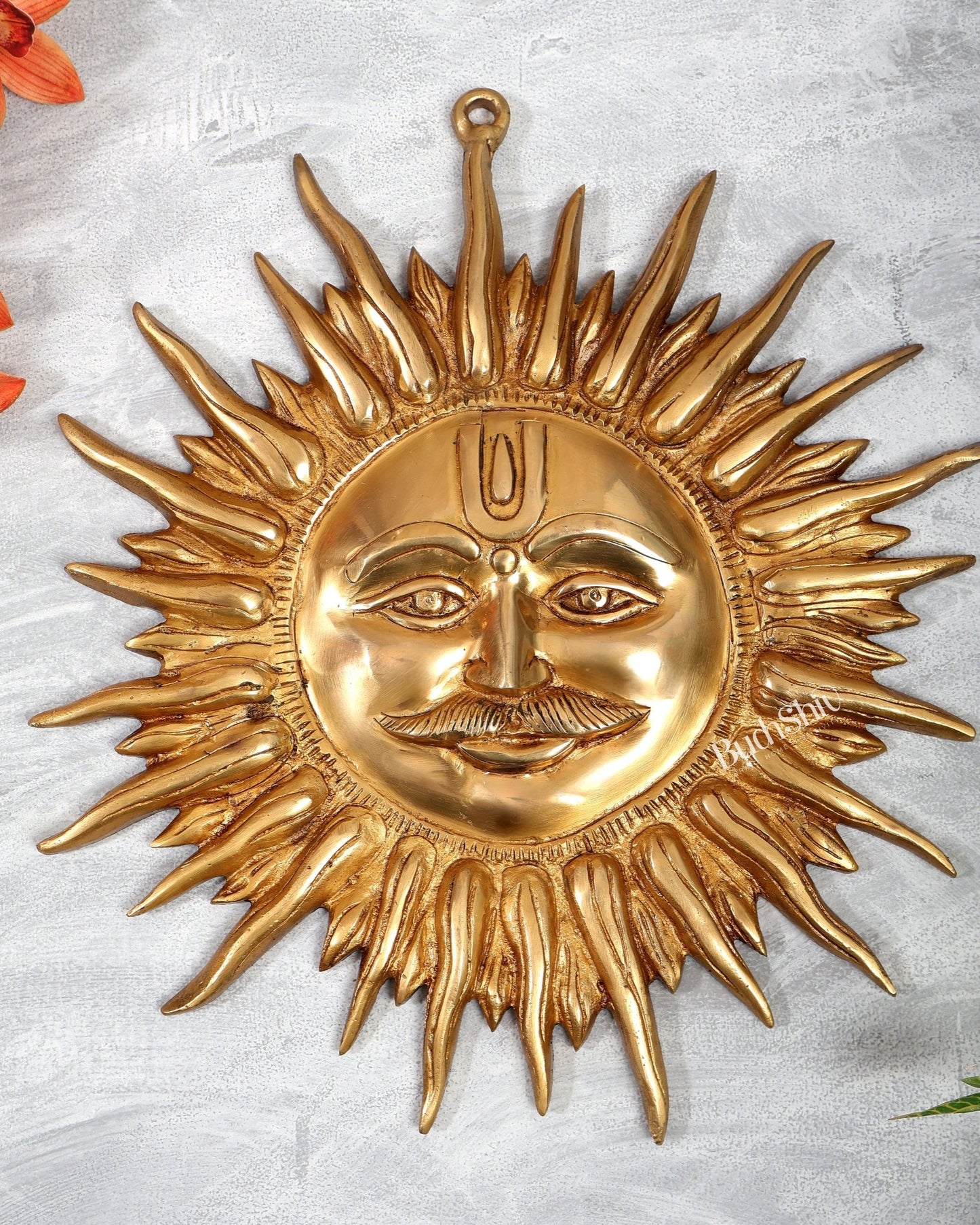 Brass Surya Dev Wall Hanging – Majestic Sun God Face with Moustache (15 Inches) - Budhshiv.com