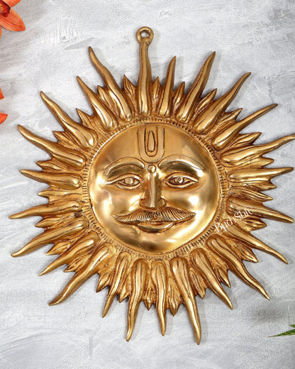 Brass Surya Dev Wall Hanging – Majestic Sun God Face with Moustache (15 Inches) - Budhshiv.com
