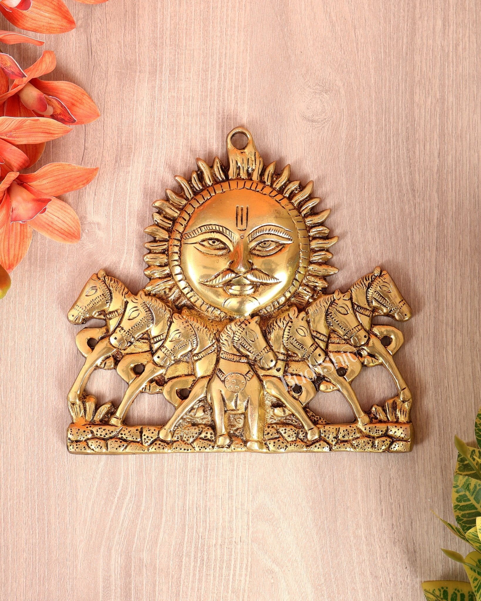 Brass Surya Dev with Seven Horses Wall Hanging – Vastu Approved Sun God Décor (8 Inches) - Budhshiv.com