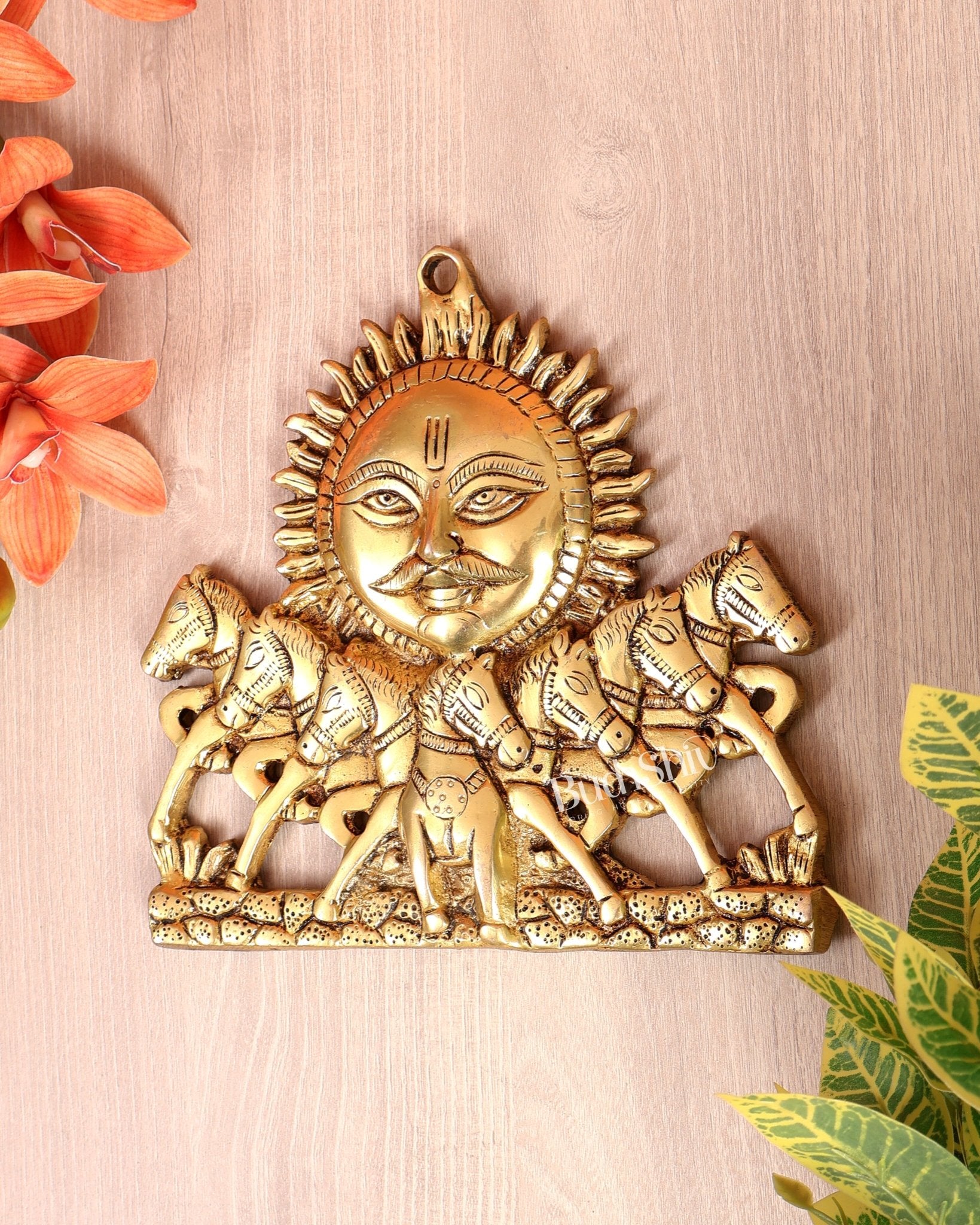 Brass Surya Dev with Seven Horses Wall Hanging – Vastu Approved Sun God Décor (8 Inches) - Budhshiv.com