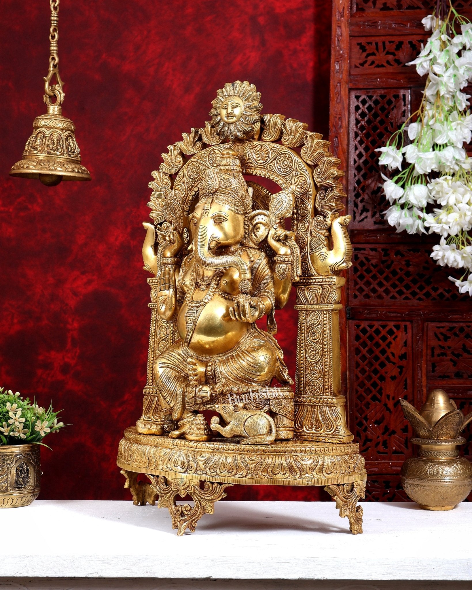 Brass Surya Ganesha Statue with Prabhavali | Unique Rare Design 24 inch - Budhshiv.com