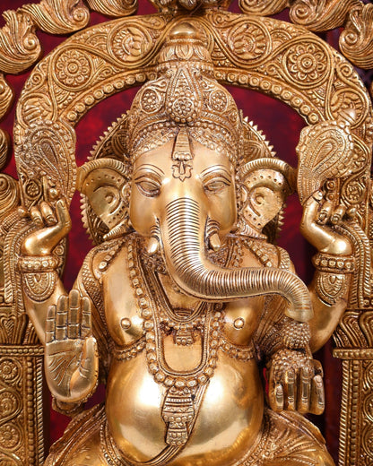Brass Surya Ganesha Statue with Prabhavali | Unique Rare Design 24 inch - Budhshiv.com