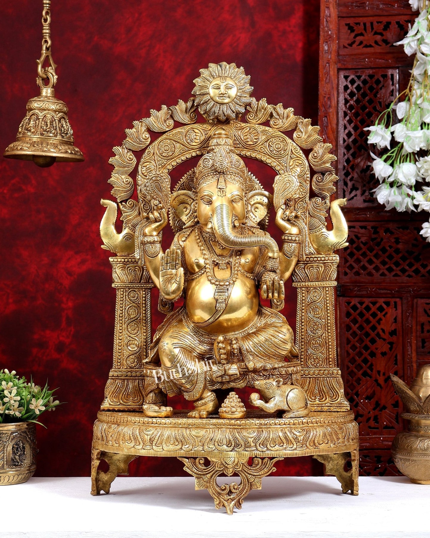 Brass Surya Ganesha Statue with Prabhavali | Unique Rare Design 24 inch - Budhshiv.com