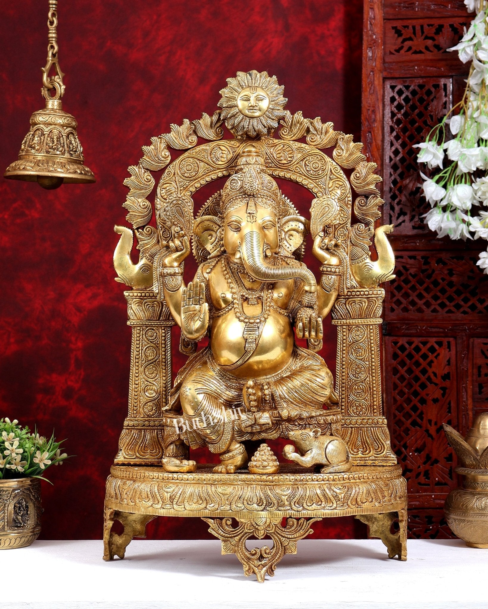 Brass Surya Ganesha Statue with Prabhavali | Unique Rare Design 24 inch - Budhshiv.com