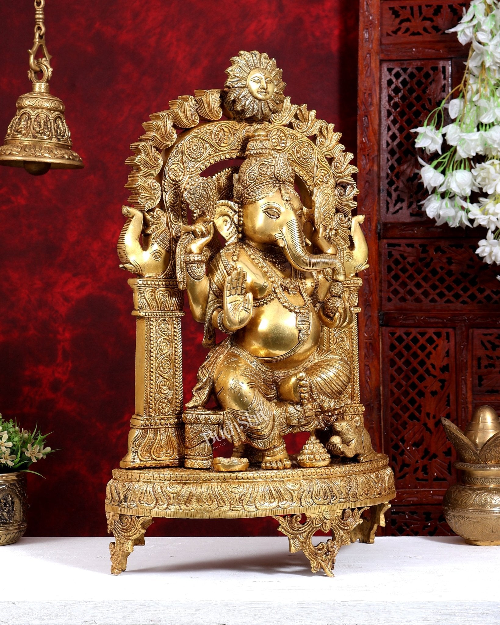 Brass Surya Ganesha Statue with Prabhavali | Unique Rare Design 24 inch - Budhshiv.com