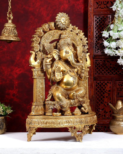 Brass Surya Ganesha Statue with Prabhavali | Unique Rare Design 24 inch - Budhshiv.com