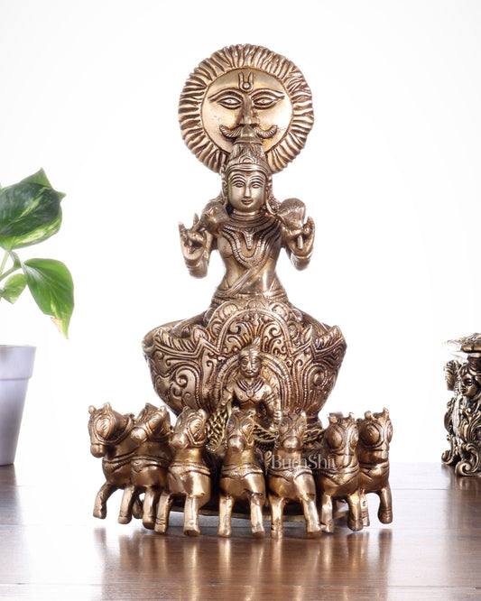 Brass Surya Rath Chariot - 12" Height, 7 Horses - Budhshiv.com