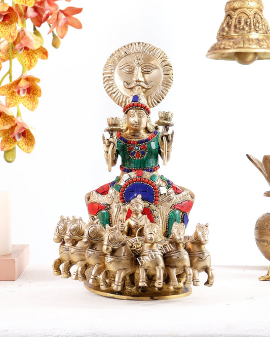 Brass Surya Rath Chariot - 12" with stonework - Budhshiv.com