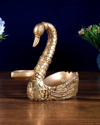Brass Swan Hamsa Lamp with Mini Urli / Bowl - Budhshiv.com