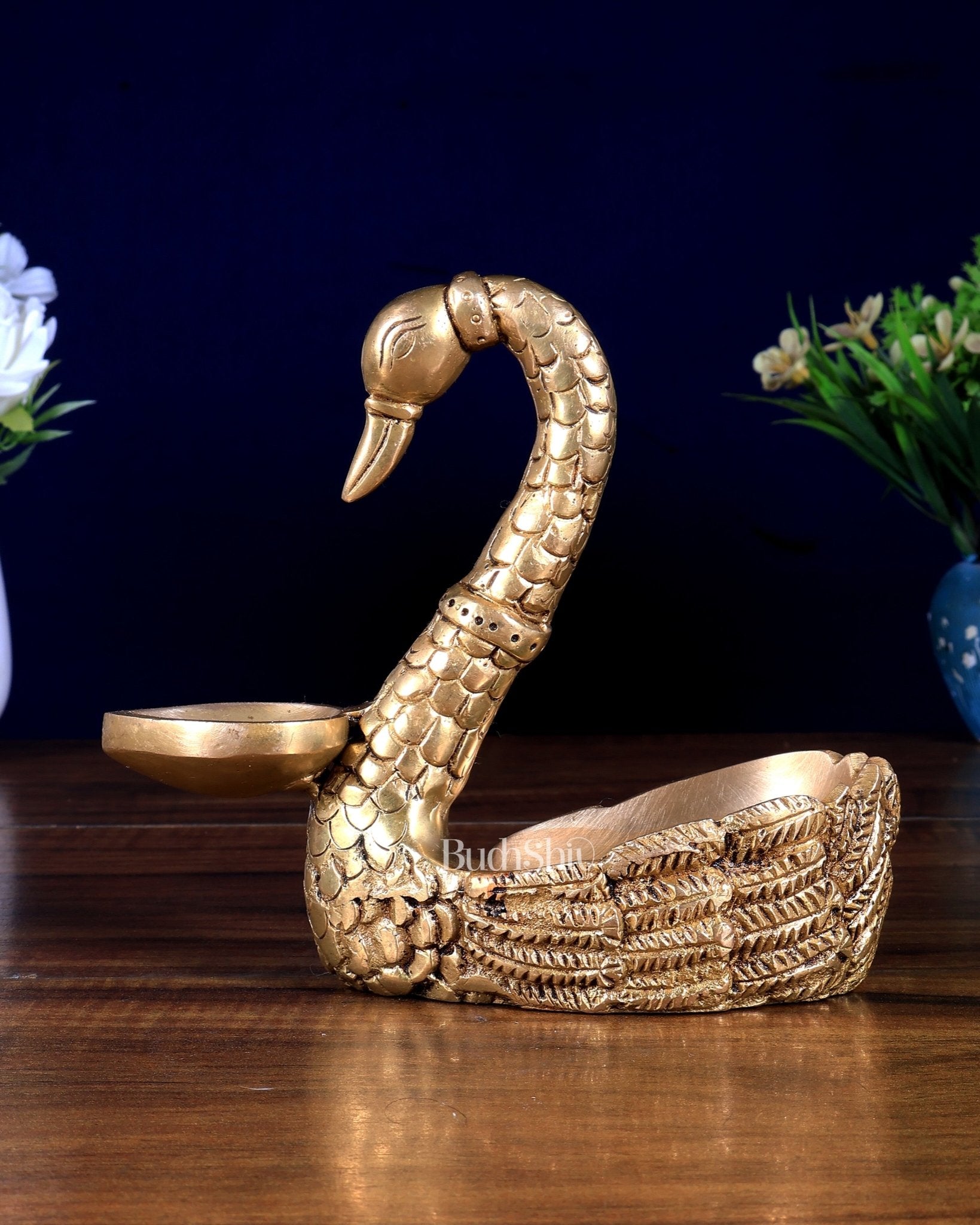 Brass Swan Hamsa Lamp with Mini Urli / Bowl - Budhshiv.com