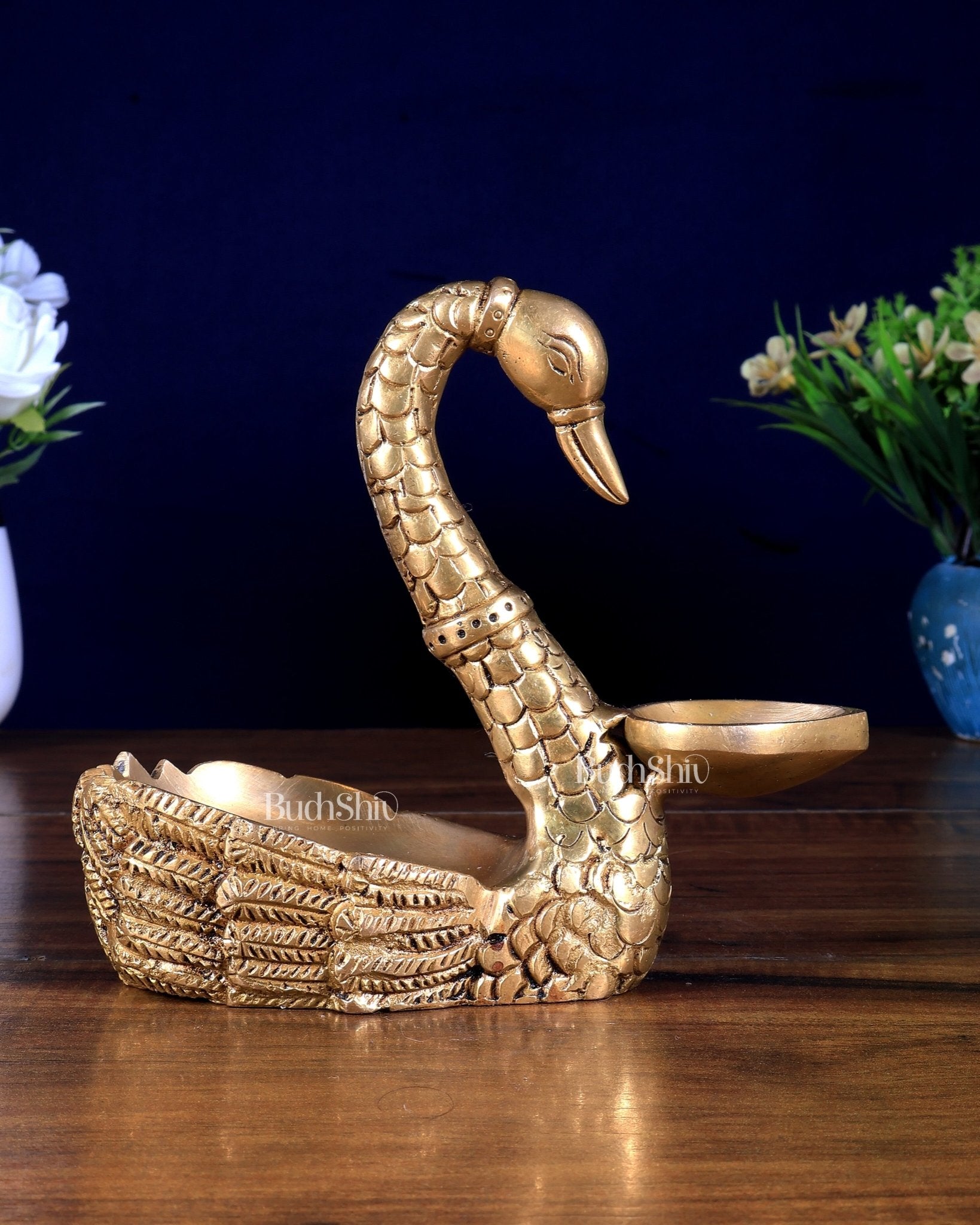 Brass Swan Hamsa Lamp with Mini Urli / Bowl - Budhshiv.com