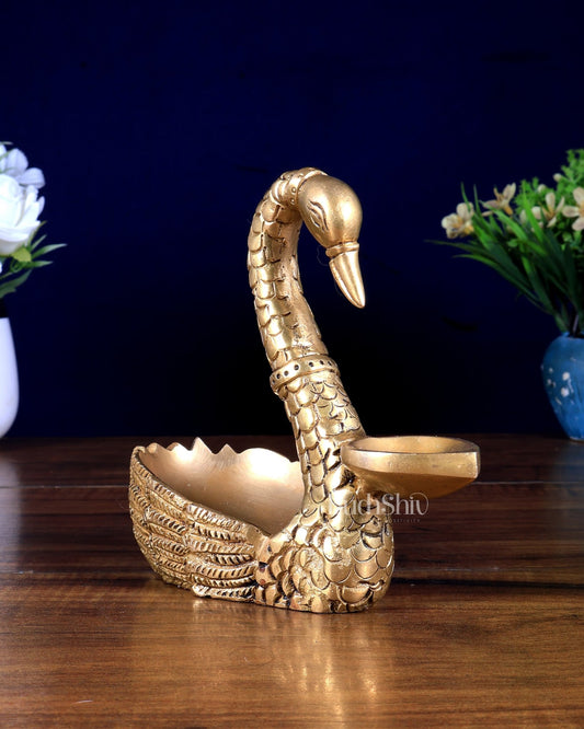 Brass Swan Hamsa Lamp with Mini Urli / Bowl - Budhshiv.com